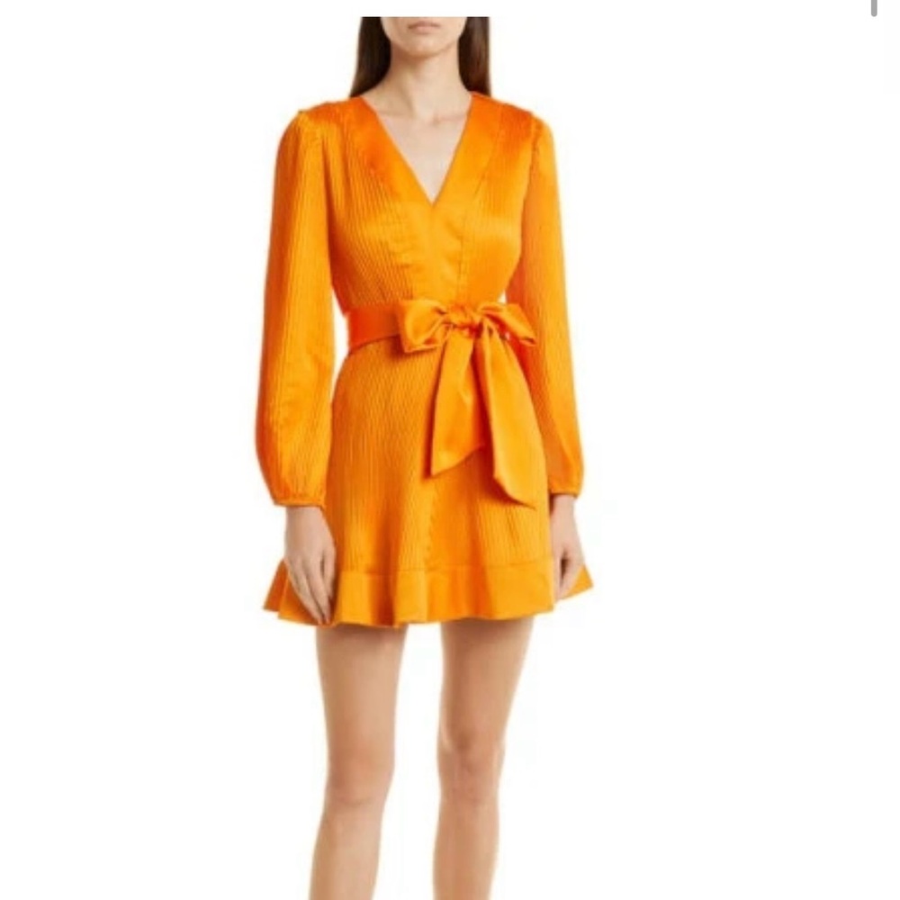 Milly Liv Pleat Tie Waist Long Sleeve Satin Dress in Amber size 10